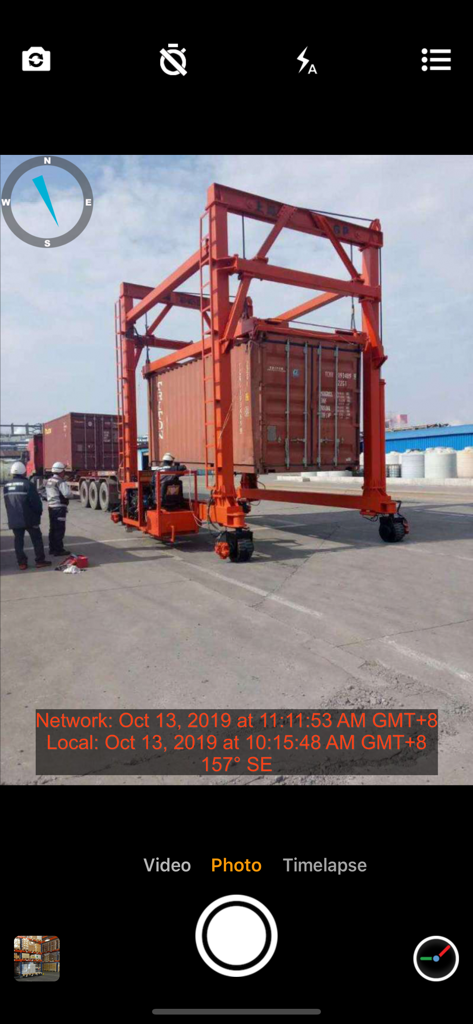 Timestamp Camera Enterprise app documenting a container crane operation with non-forged time and location data