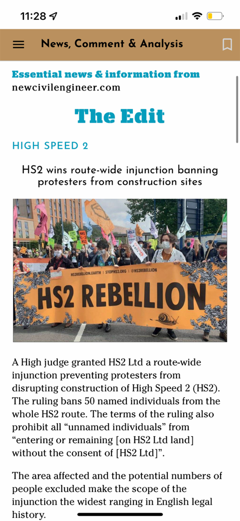 Screenshot of the New Civil Engineer app news section titled The Edit featuring an article on the HS2 infrastructure project.