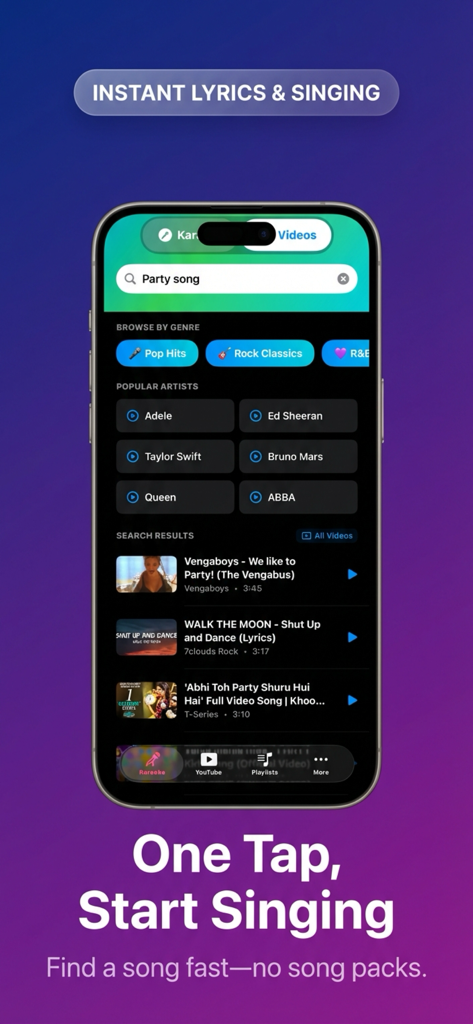 Karaoke for Youtube® - Mobile interface of the Karaoke for Youtube app displaying search results for party songs and popular artist shortcuts.