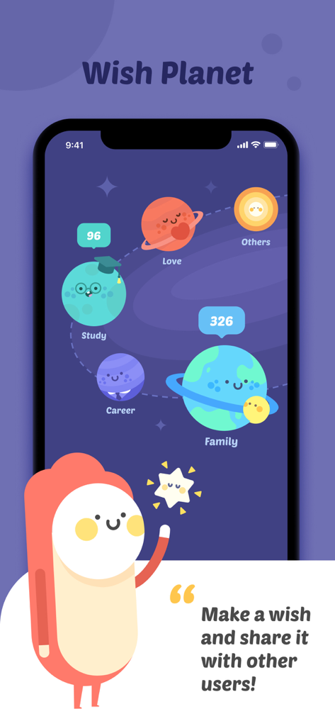 Face Seer -Time Traces - Interface de la fonction Planète des souhaits dans l'application Face Seer montrant des planètes cartoon pour différentes catégories de souhaits comme l'amour, les études, la carrière et la famille.
