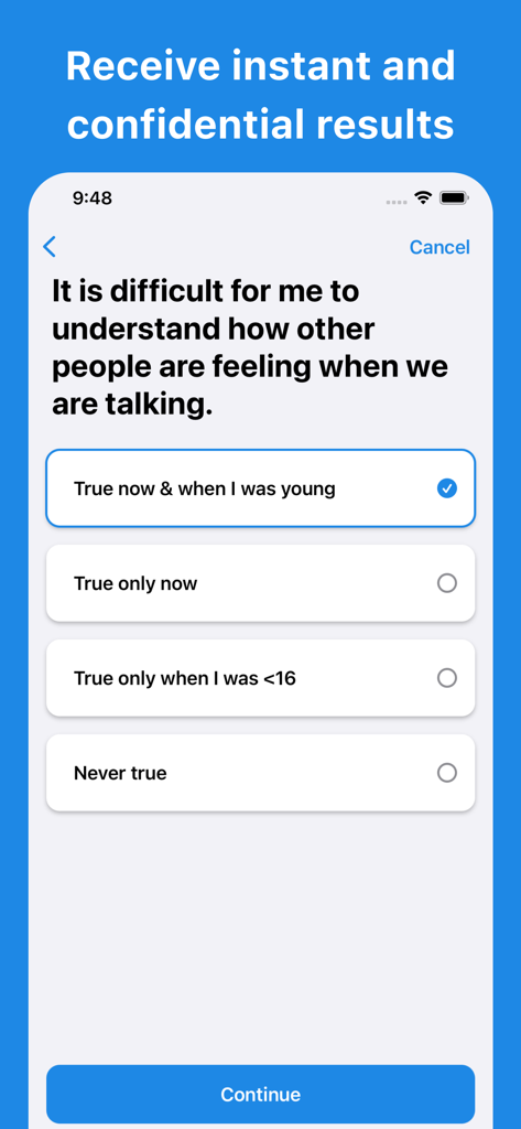 A multiple choice questionnaire screen from the Autism Test Adult app asking about social interaction difficulties.