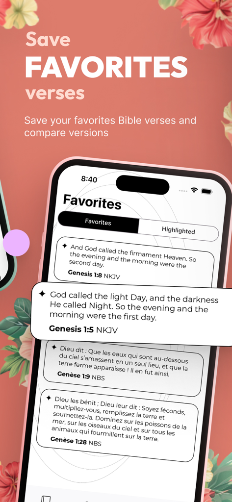 La pantalla de Favoritos de la aplicación Women's Bible que muestra versículos bíblicos guardados del Génesis en diferentes traducciones.