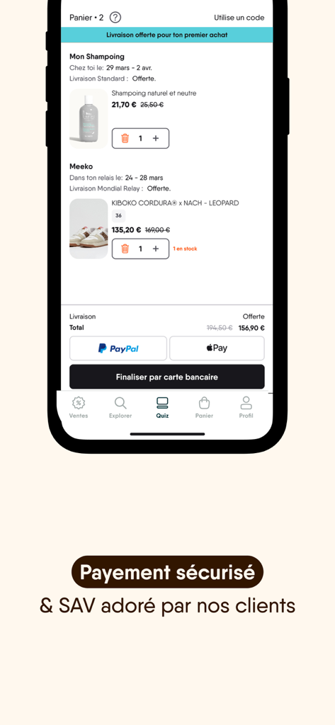Toasty app checkout screen showing sustainable products in the cart and secure payment options