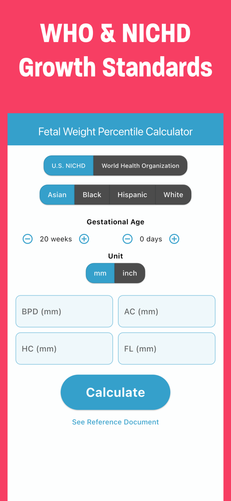 Fötalgewicht-Rechner-App-Oberfläche mit Eingabefeldern für Ultraschallmessungen und Auswahl von WHO- und NICHD-Standards.