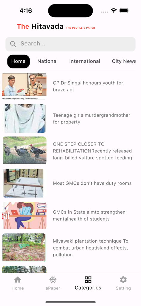 The Hitavada news app home screen displaying headlines and categories for local and national news