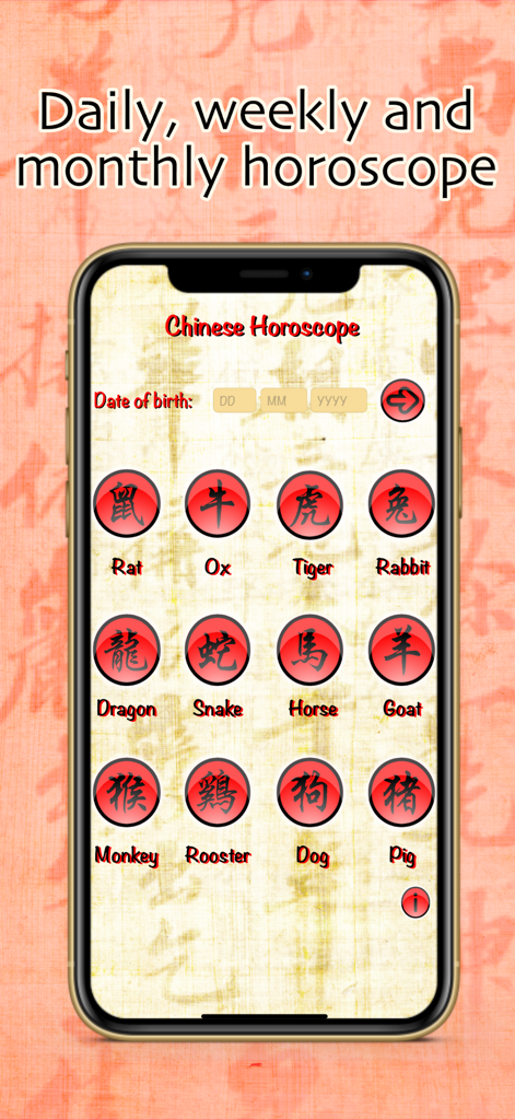 Chinese Horoscope daily weekly - Tela principal do aplicativo Horóscopo Chinês mostrando doze símbolos do zodíaco.