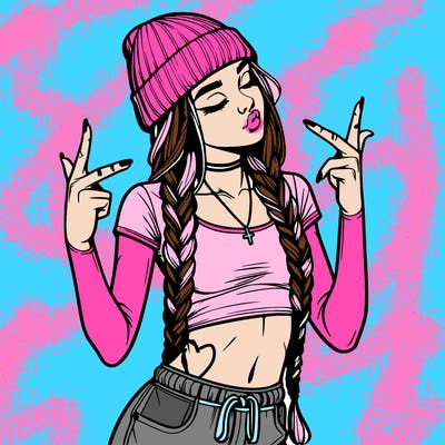 realistic teenage girl with braids and a beanie and crop top doing 🫶🏼