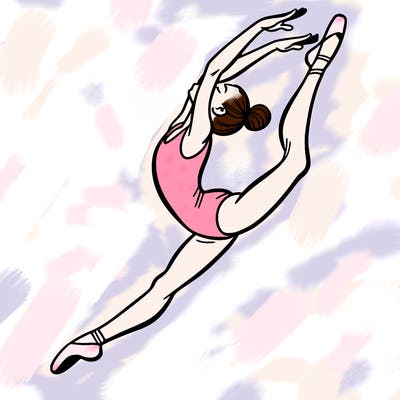 gymnast doing a leap in a leotard with a bent back leg