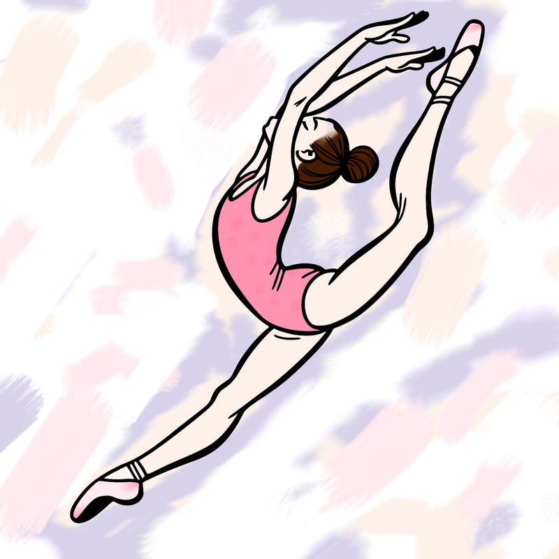 gymnast doing a leap in a leotard with a bent back leg