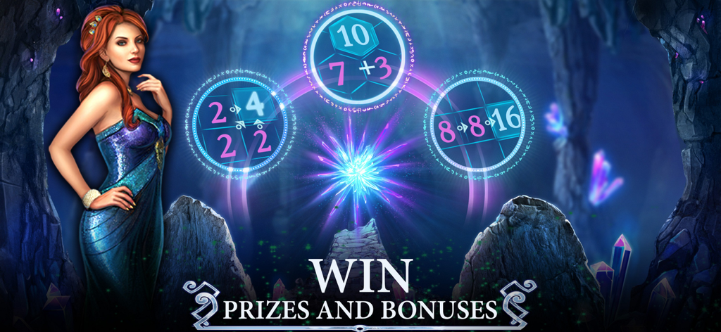 Hidden Objects: Twilight Town - Una donna in uno scintillante abito blu in piedi accanto a puzzle numerici magici in una grotta oscura con cristalli.