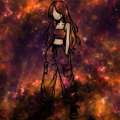 girl in baggy pants crop top and long hair