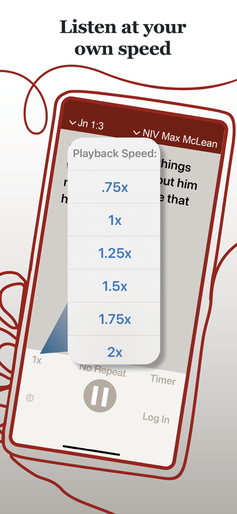 Interface of the Bible Audio app highlighting different playback speed options from 0.75x to 2x