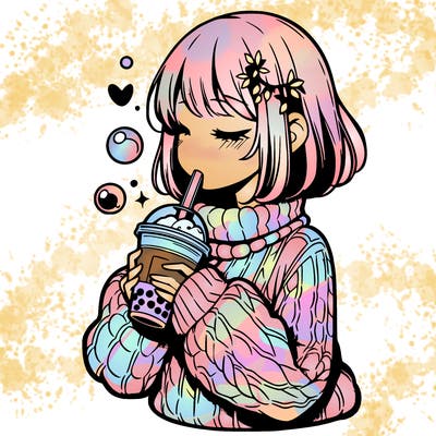 manga girl drinking boba in cozy sweater