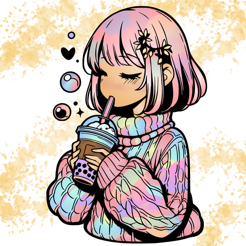manga girl drinking boba in cozy sweater