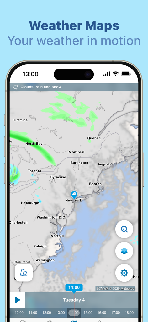 Meteored - Weather Radar - Meteored App zeigt eine Live-Wetterradar-Karte mit Regen- und Schneevorhersagen.