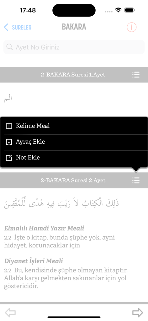 İkra Kuran Meal Uygulaması - Screenshot of the Ikra Kuran Meal app displaying Surah Bakara with multiple Turkish translations and a menu for word-by-word analysis and notes.