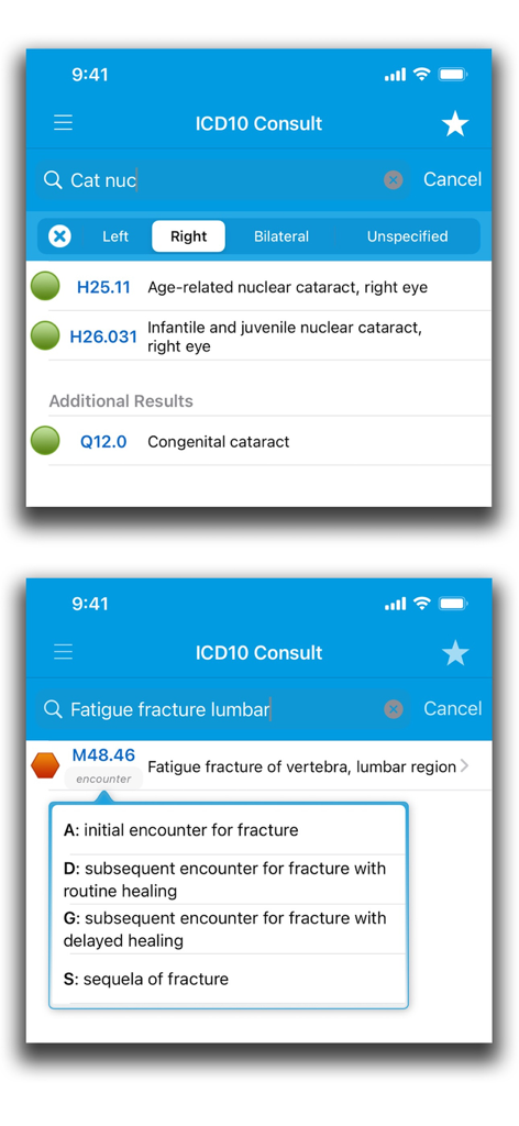 ICD10 Consult app interface showing medical code search with laterality and encounter selection