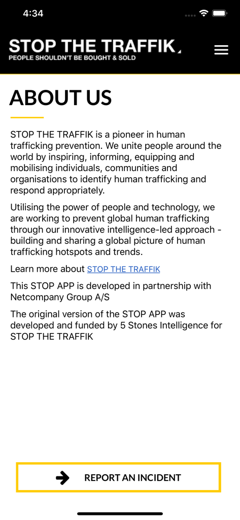 About Us screen for The STOP APP detailing the human trafficking prevention mission and incident reporting button
