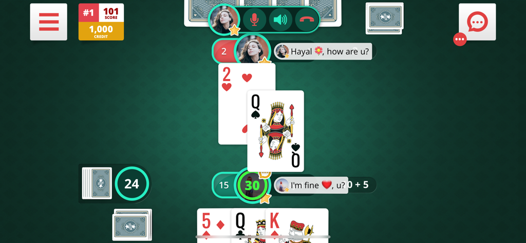 Pişti Online mobile app showing card gameplay and social chat bubbles