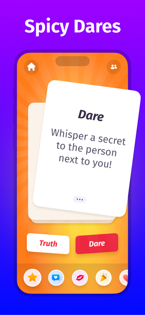 Truth or Dare Party - Truth or Dare Party app interface displaying a spicy dare prompt to whisper a secret