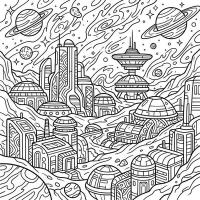 Embark on an intergalactic journey with this captivating space colony coloring page. Designed with seniors in mind, it offers intricate details and bold outlines for a relaxing and engaging artistic experience.