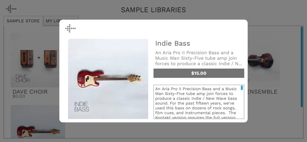 Decent Sampler - Interfaz de la aplicación Decent Sampler mostrando los detalles de la biblioteca Indie Bass y la opción de compra