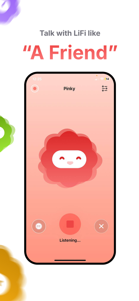 LiFi Ai - LiFi Ai app screen showing a voice conversation with a friendly AI character named Pinky.