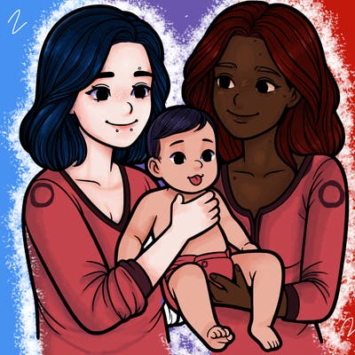 two realistic women holding one baby together