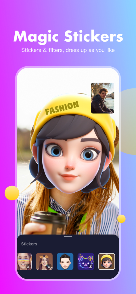 Yaha - Chat&Meet real friends - Yaha app interface showing a video call with an animated AR character mask and magic stickers