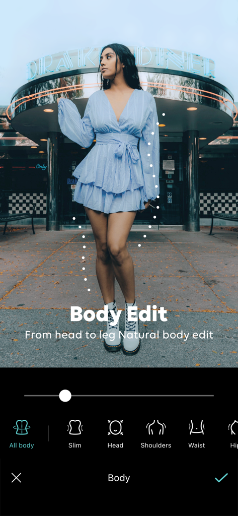 B612アプリのインターフェース、自然な写真レタッチのためのボディ編集機能を表示
