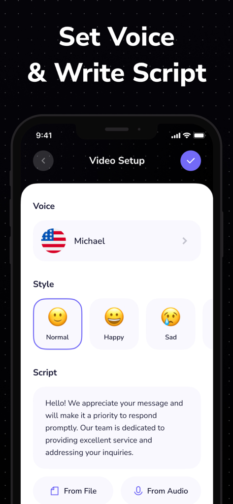 Sintetic - AI Avatar Maker - Sintetic app dashboard for selecting AI voice style and typing video scripts