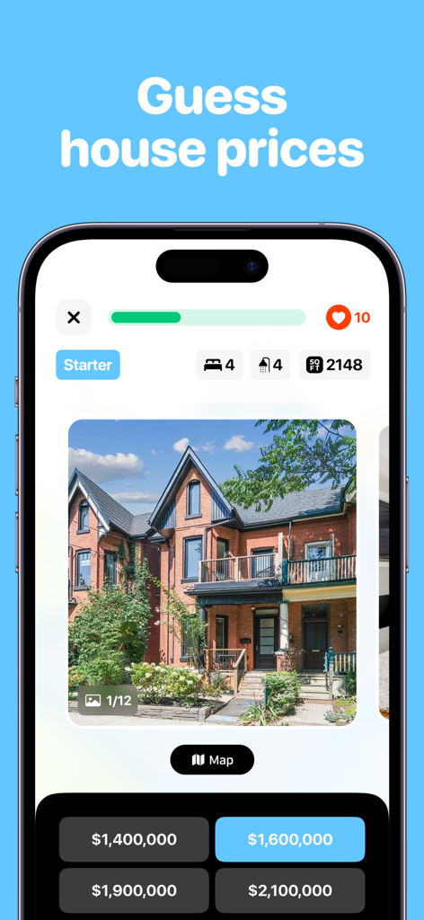 Househunt: Fun With Real Homes - Gameplay screen of Househunt app showing a real house with multiple choice price options to guess