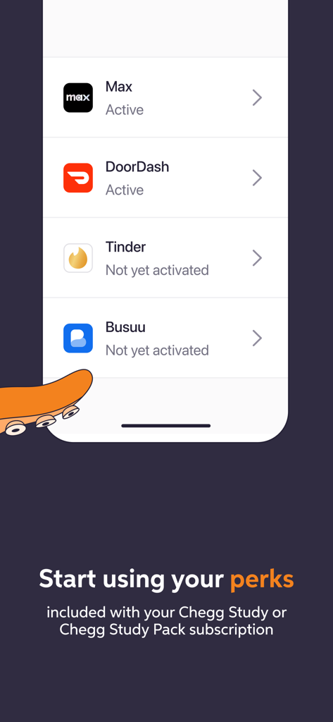 Chegg Study - Homework Help - Mobile screen showing subscription perks for Chegg Study including Max and DoorDash