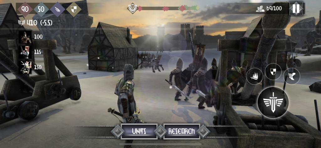 Heroes and Castles 2 - Vista de juego en tercera persona de un héroe y catapultas en un campo de batalla nevado en Heroes and Castles 2