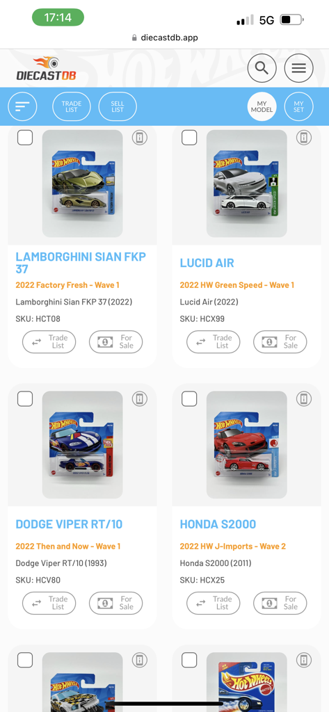 DiecastDB - DiecastDB mobile app screen showing Hot Wheels collection with trade and sale tags