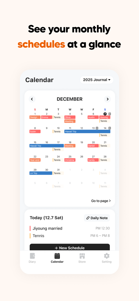 DAYOL : Journal, Calendar - A screenshot of the DAYOL app showing a monthly calendar view with color-coded schedules and daily notes for December.