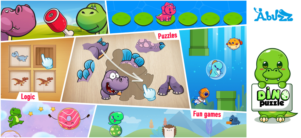 Collage de puzzles educativos de dinosaurios, lógica de emparejar y juegos divertidos para niños