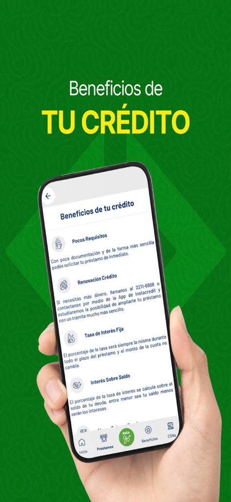 Instacredit - Tela do aplicativo móvel Instacredit exibindo benefícios de crédito e informações de empréstimo em espanhol