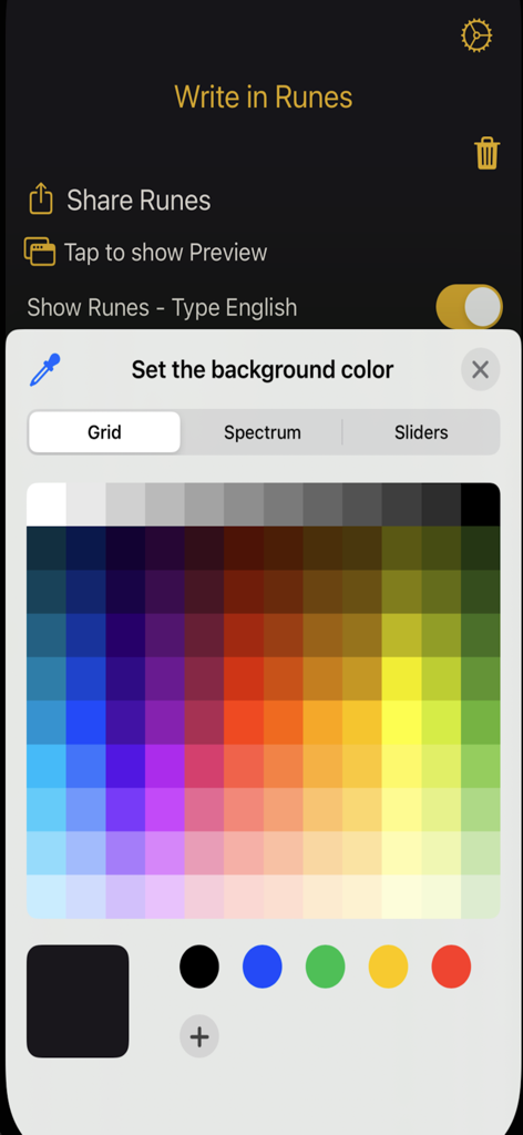 Interfaz del selector de color de fondo en la aplicación Traductor de Runas mostrando una paleta de cuadrícula colorida.