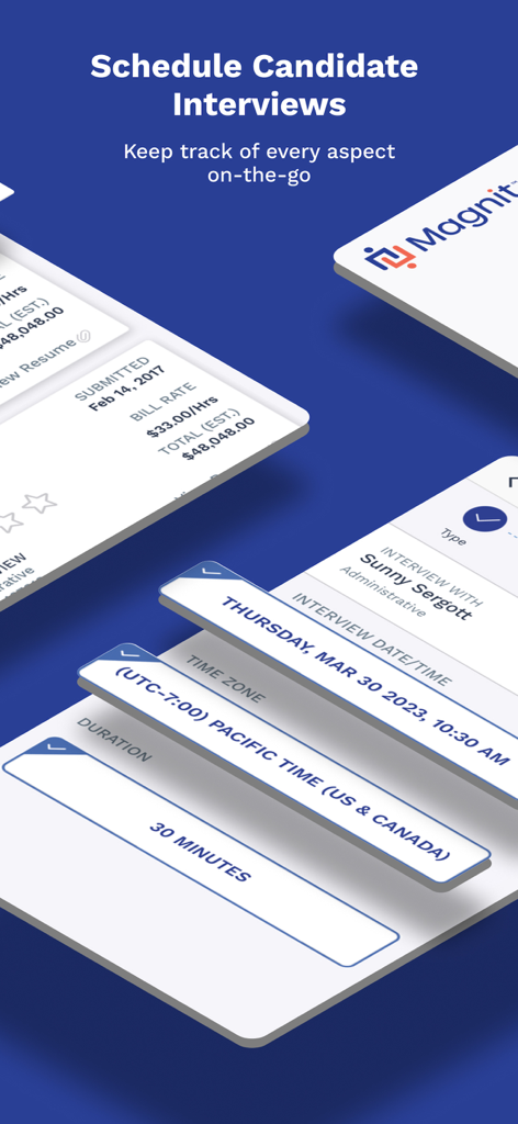 Interface of the Magnit VMS Mobile app showing candidate interview scheduling details including date and duration.