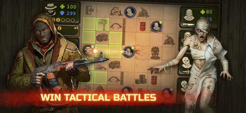 Day R Survival: Last Survivor - Tactical grid battle featuring a survivor with a rifle and a mutant in a post apocalyptic setting