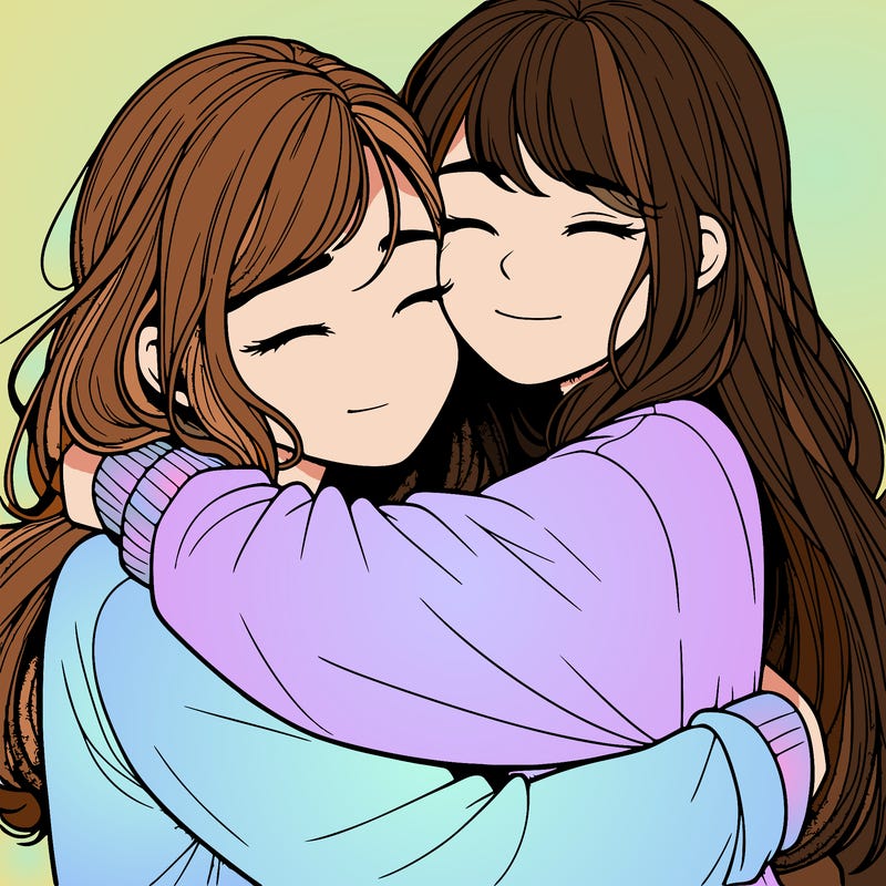 realistic two girls hugging