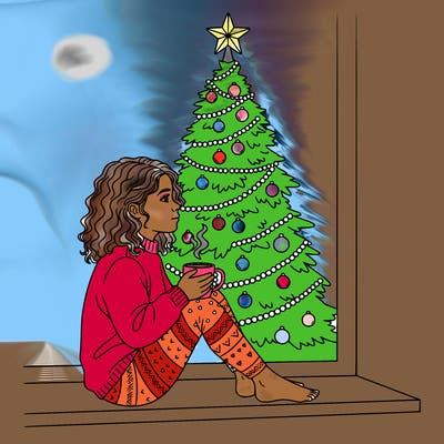 a girl sitting in the window with a cofee and behind she is a chrismas tree