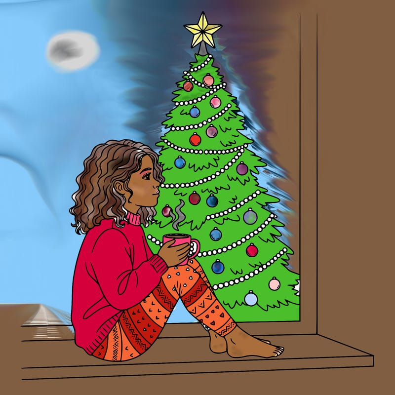 a girl sitting in the window with a cofee and behind she is a chrismas tree