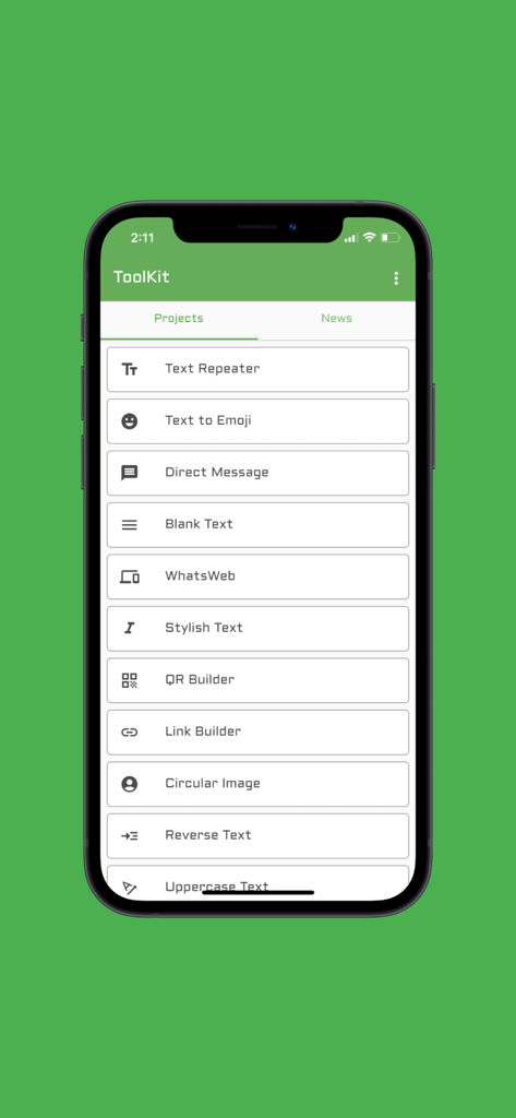 ToolKit(Pro) - Menú principal de la aplicación ToolKit Pro que muestra varias herramientas de redes sociales como Repetidor de Texto y Texto Elegante