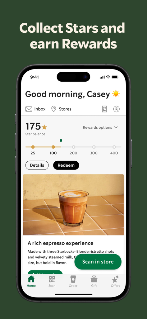 Starbucks - The Starbucks app home screen showing a user's star balance and loyalty rewards.