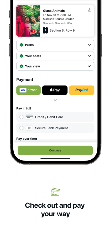 viagogo Tickets - Interfaccia di checkout dell'app viagogo che mostra le opzioni di pagamento per i biglietti dei concerti al Madison Square Garden