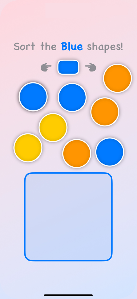 Educational app screen for toddlers showing a sorting activity where children drag blue circles into a matching container.