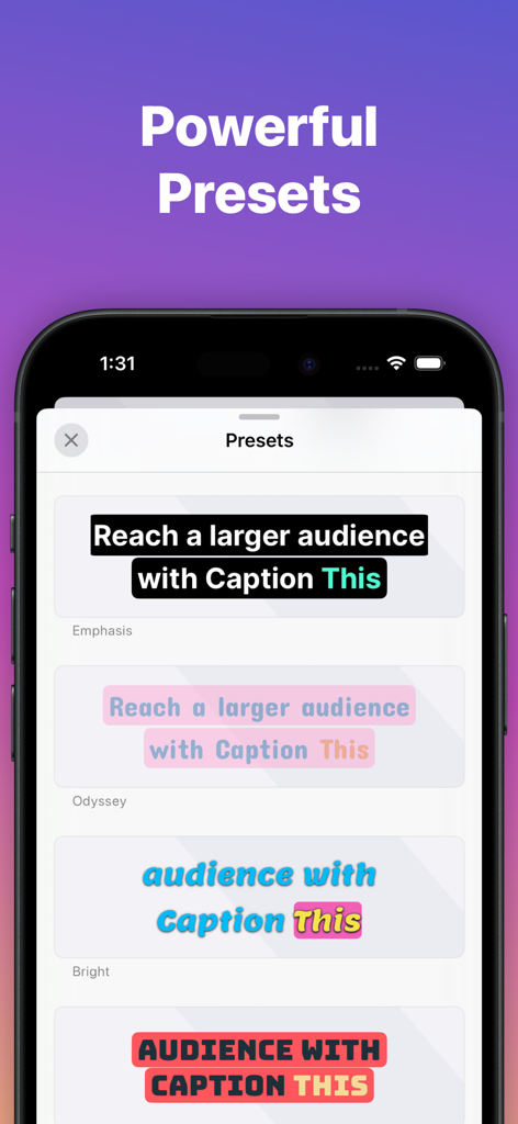 Caption This - Video Subtitles - A menu showing various creative subtitle and caption style presets for mobile videos