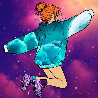 realistic girl jumping with a bun and oversized sweatshirt
